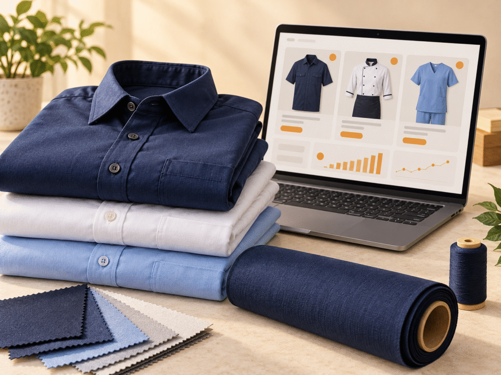 Folded uniform shirts and fabric samples beside a laptop displaying an online uniform catalogue